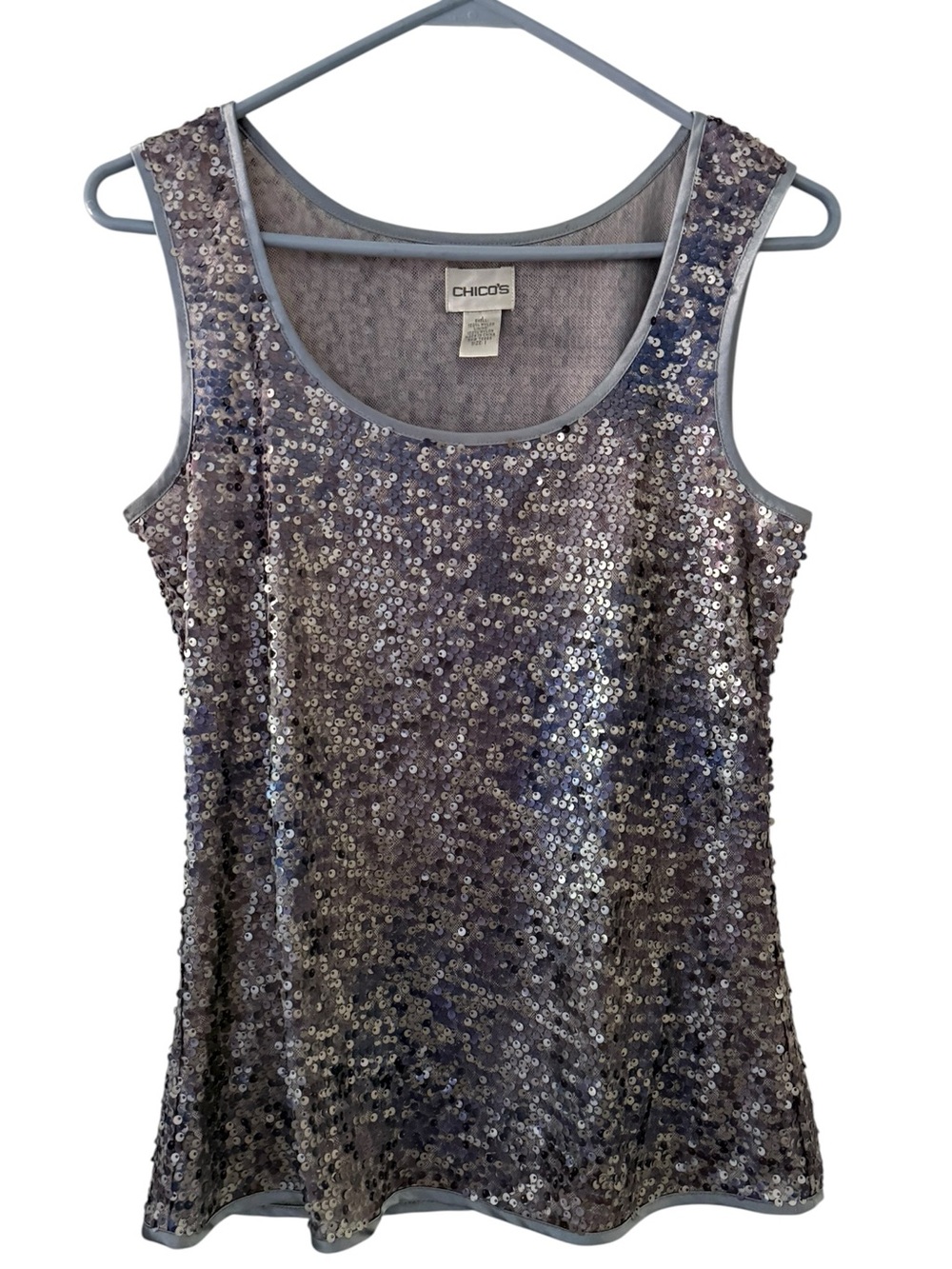 Chico's Silver and Periwinkle Sequin Scoop Neck Camisole Blouse